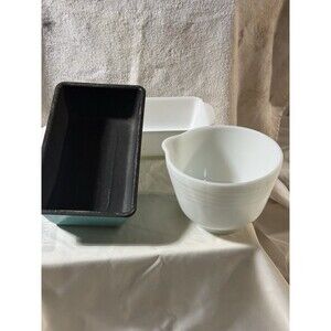 Vtg. Fire-king White Loaf Pan/Aqua Loaf Pan/ White Mixing Bowl